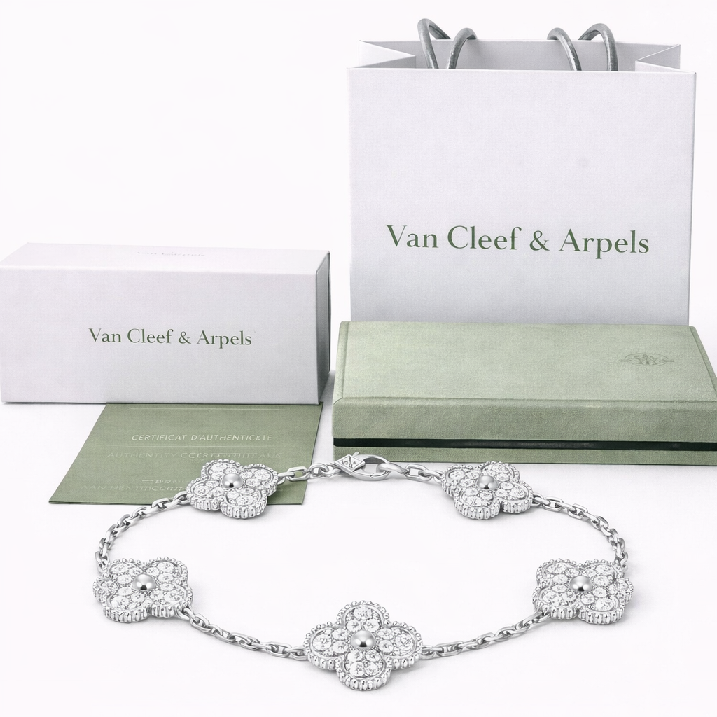 Pulsera VCA Plata .925 1:1 Vintage Alhambra, 5 Motivos Diamonds