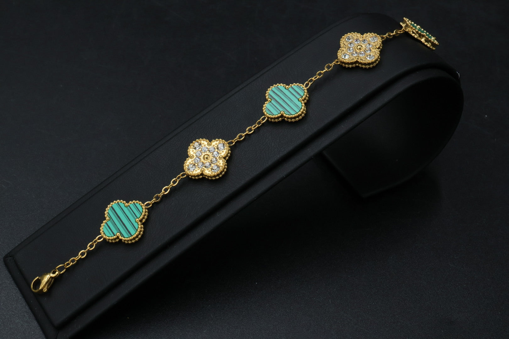 Pulsera Trébol 15 mm con Zirconias 3 en 1 Dorado - Verde