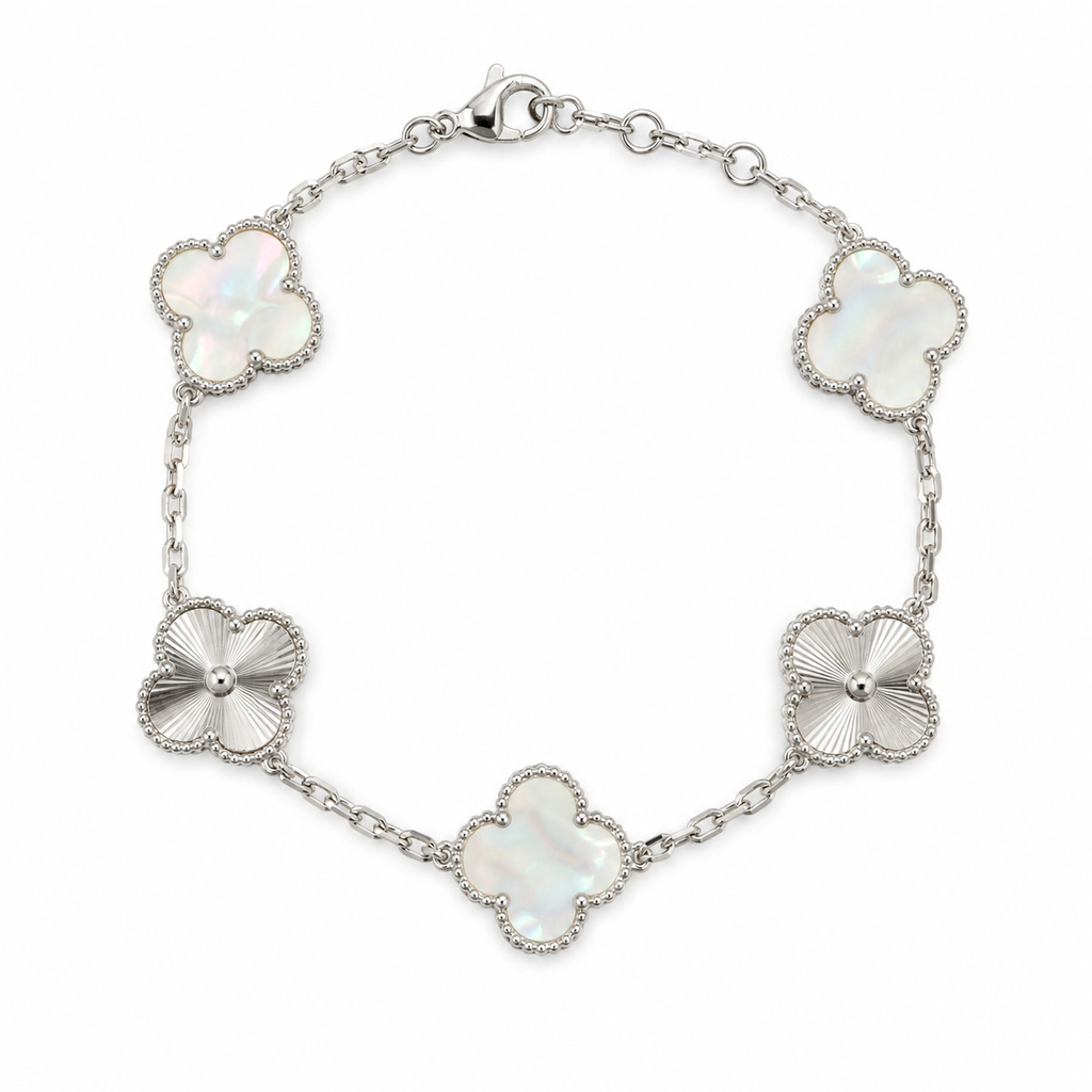 Pulsera Trébol Blanco Tornasol - Láser Plateado.