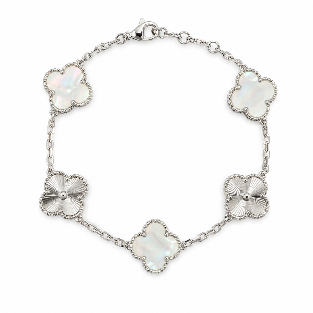 Pulsera Trébol Blanco Tornasol - Láser Plateado.
