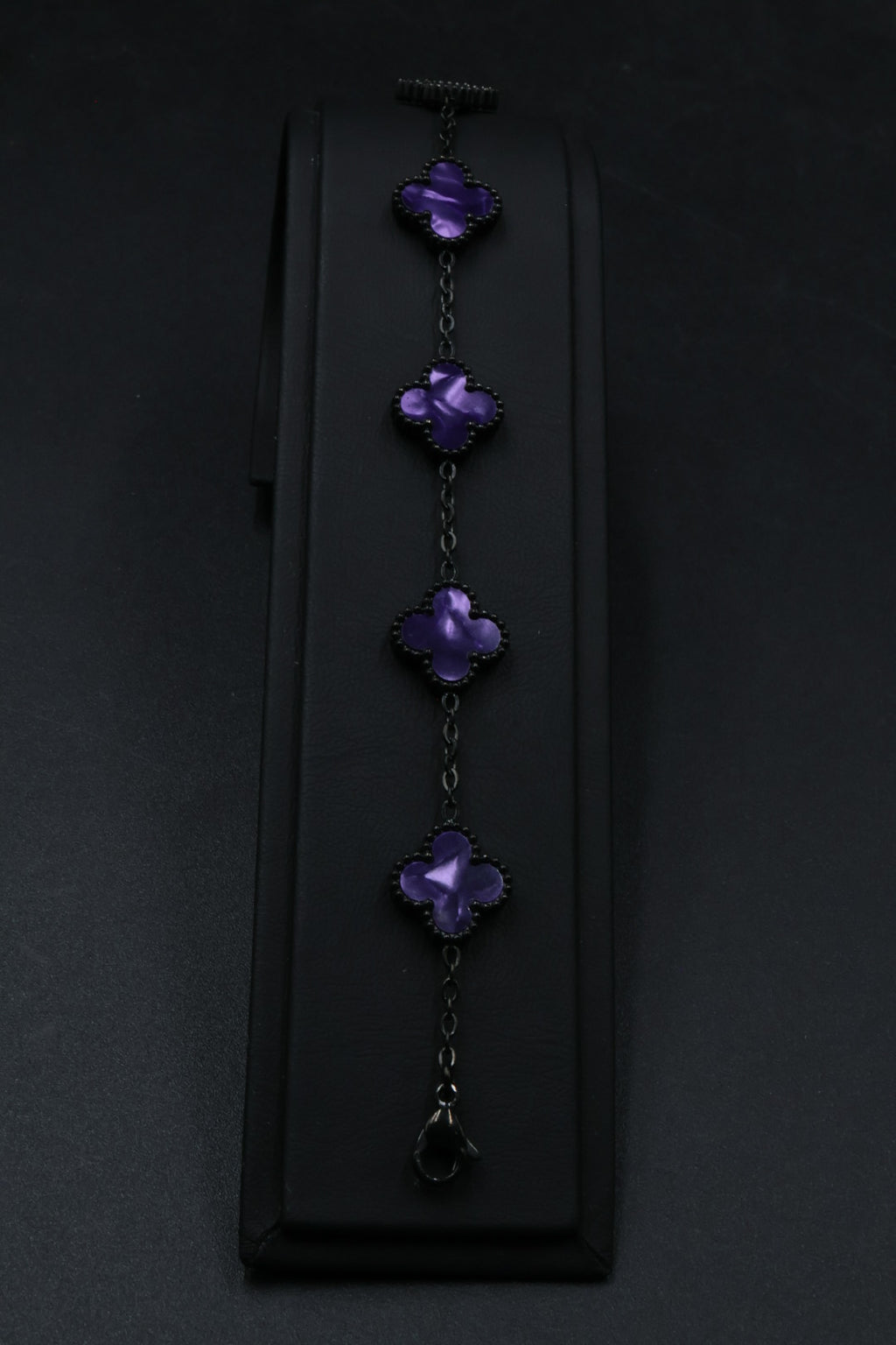 Pulsera Negra Trébol 13 mm Mármol - Morado.