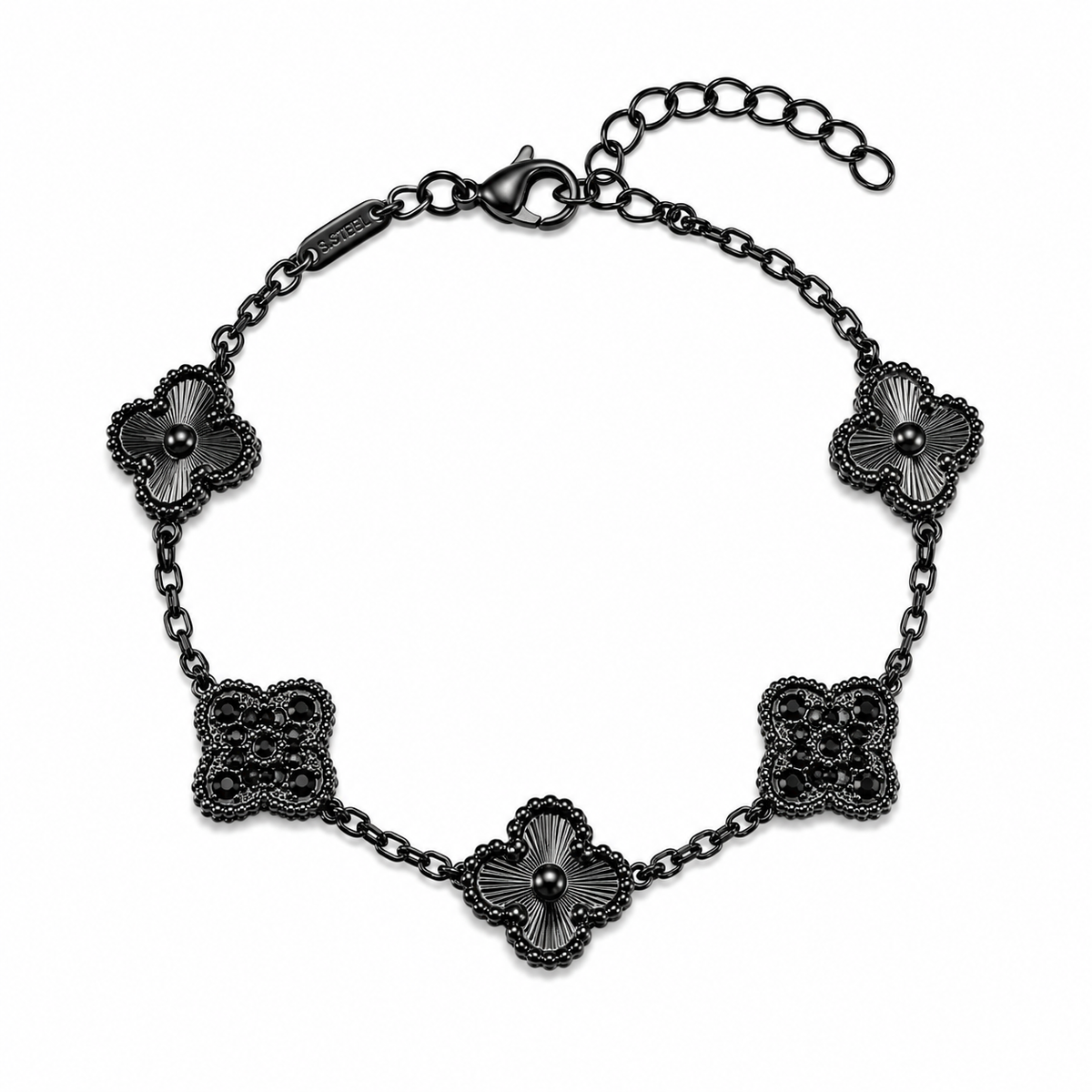Pulsera Trébol Negro Láser - Zirconias Negras.