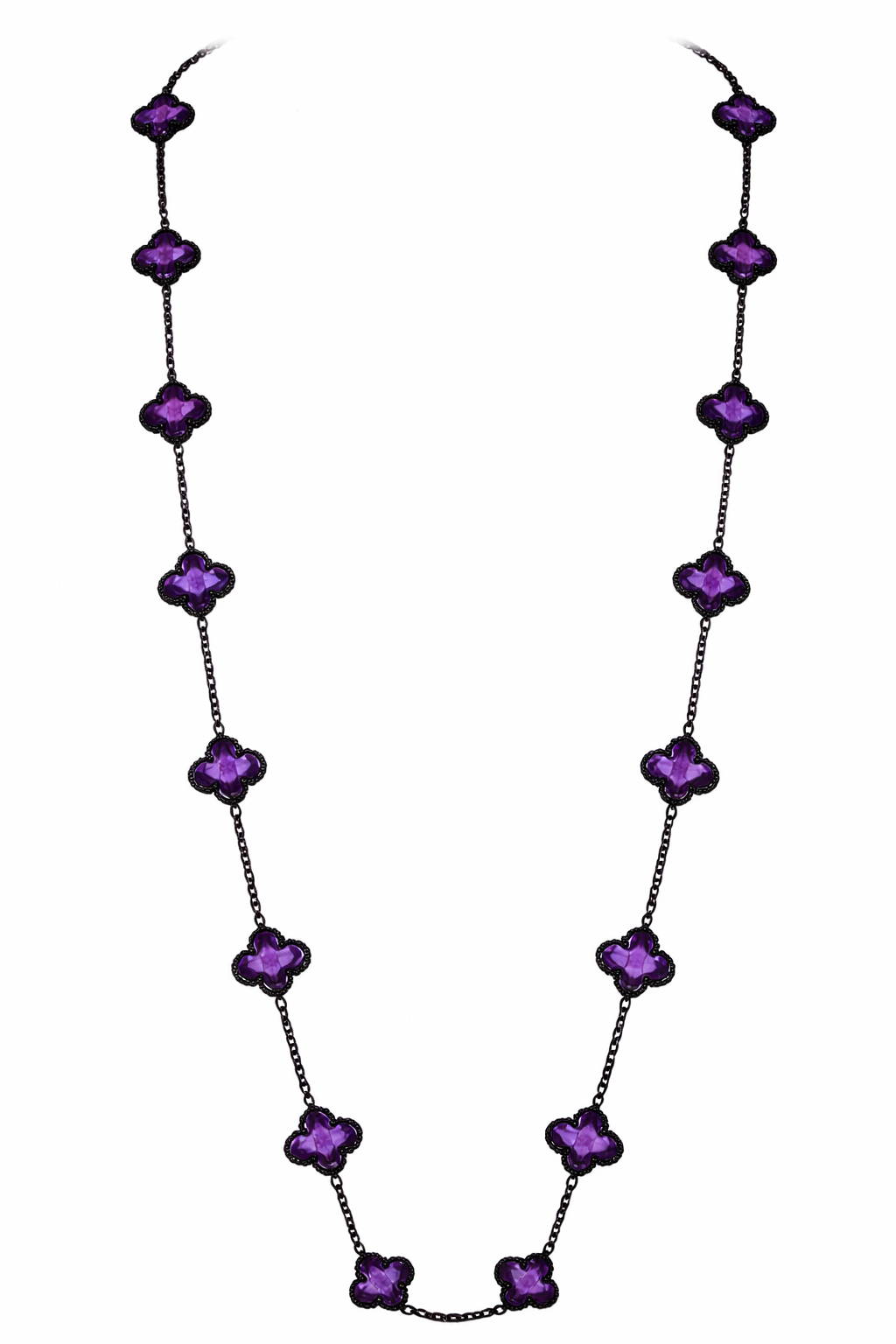Collar Largo Trébol 13 mm Morado Marmolado. - Negro.