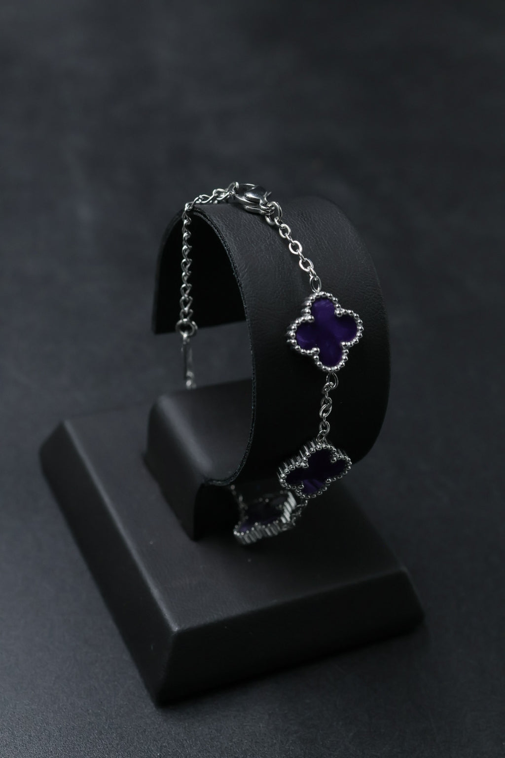 Pulsera Plateada Trébol 13 mm Mármol - Morado.