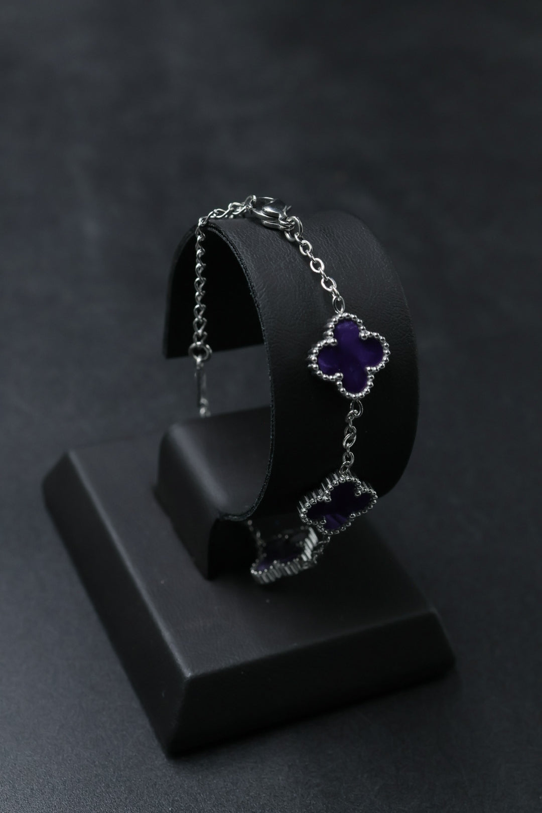 Pulsera Plateada Trébol 13 mm Mármol - Morado.