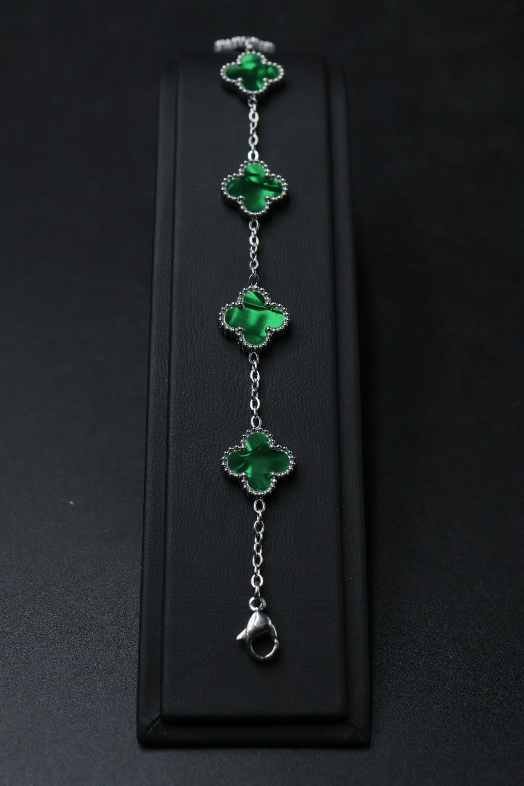 Pulsera Plateada Trébol 13 mm Mármol - Verde.