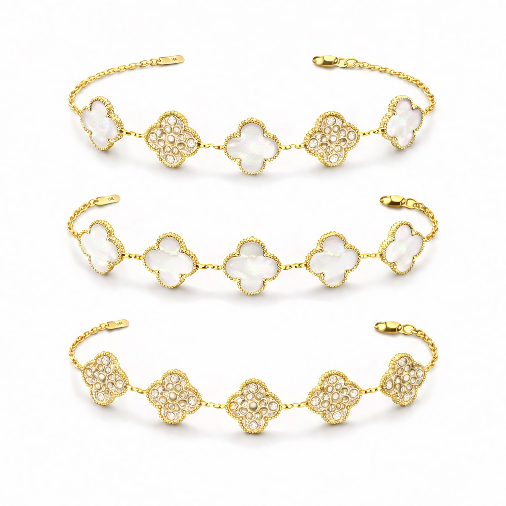 Pulsera Trébol 15 mm con Zirconias 3 en 1 Dorado - Blanco