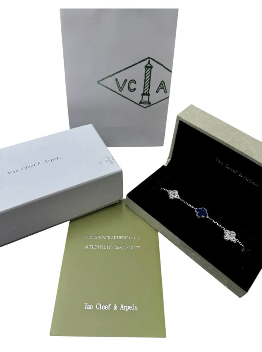 Pulsera VCA Plata .925 1:1 Vintage Alhambra, 5 Motivos Lapislázuli- Diamonds.