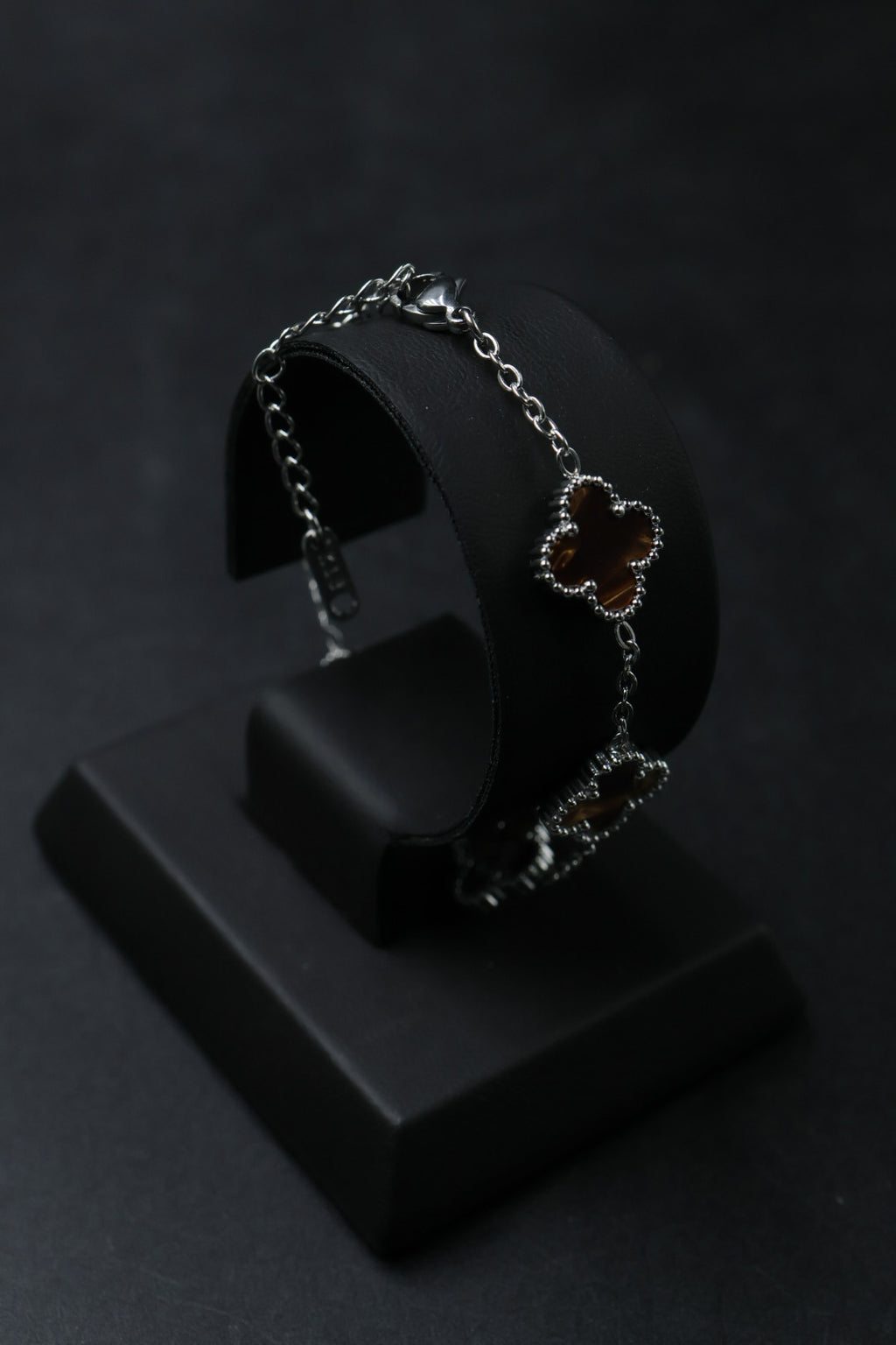 Pulsera Plateada Trébol 13 mm Mármol - Café.