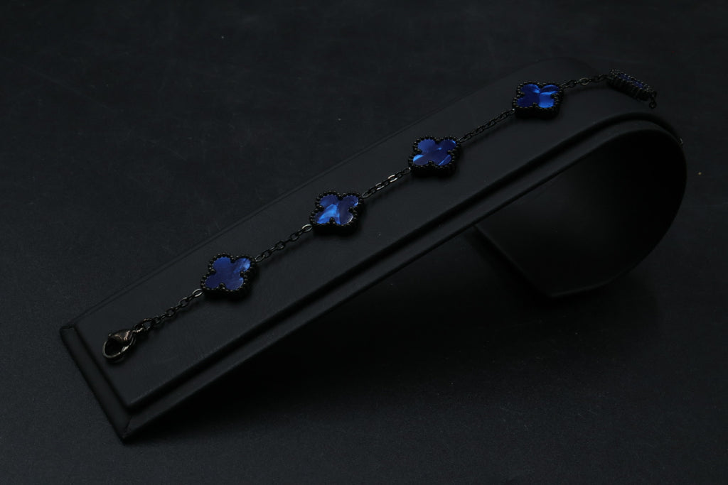 Pulsera Negra Trébol 13 mm Mármol - Azul.