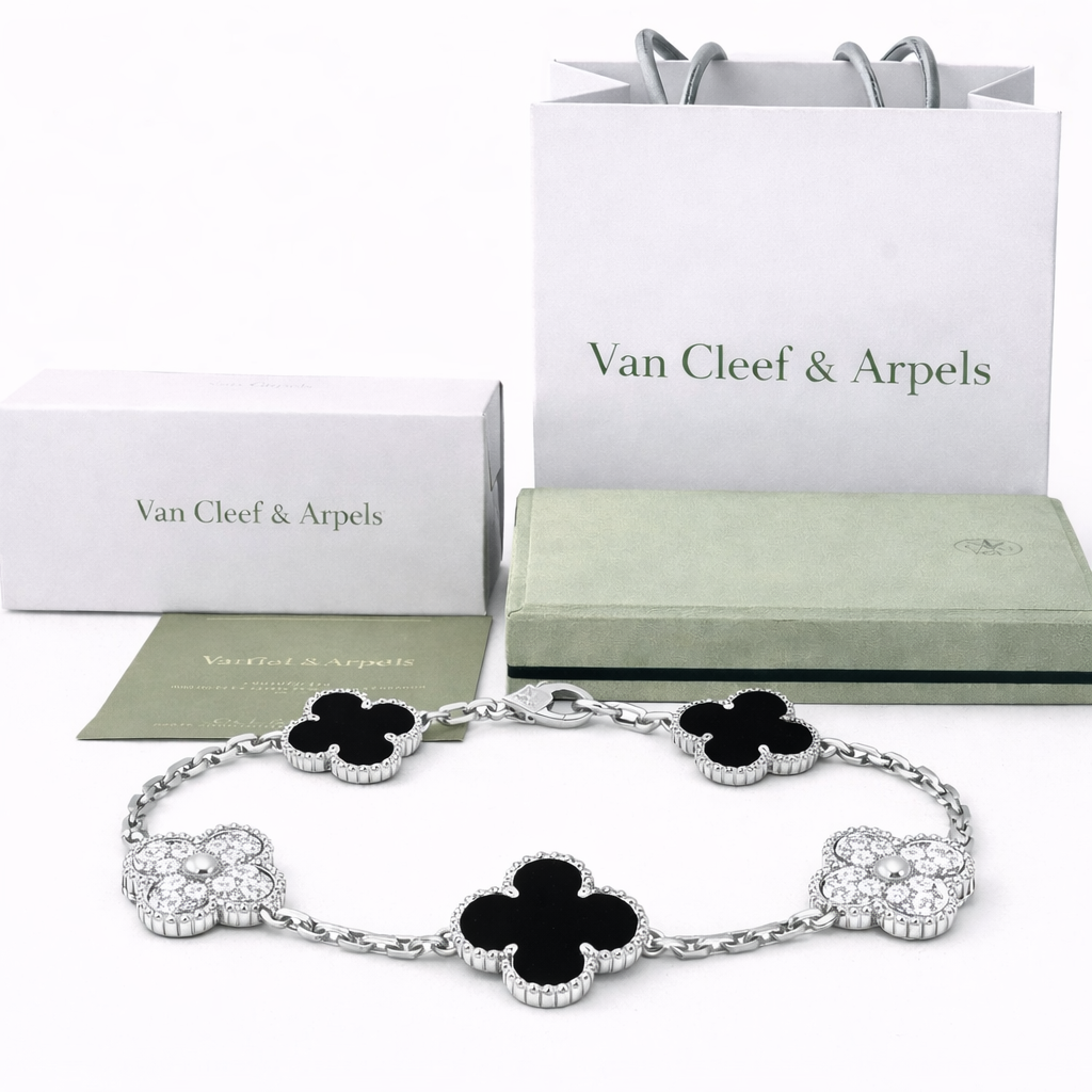 Pulsera VCA Plata .925 1:1 Vintage Alhambra, 5 Motivos Onyx - Diamonds.