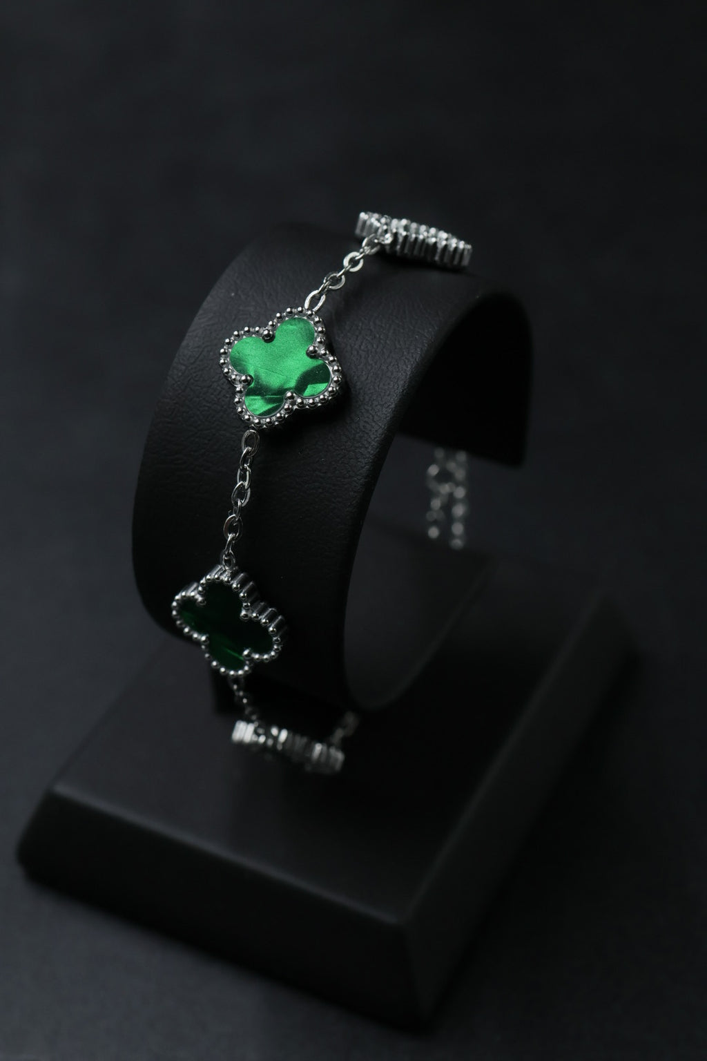 Pulsera Plateada Trébol 13 mm Mármol - Verde.