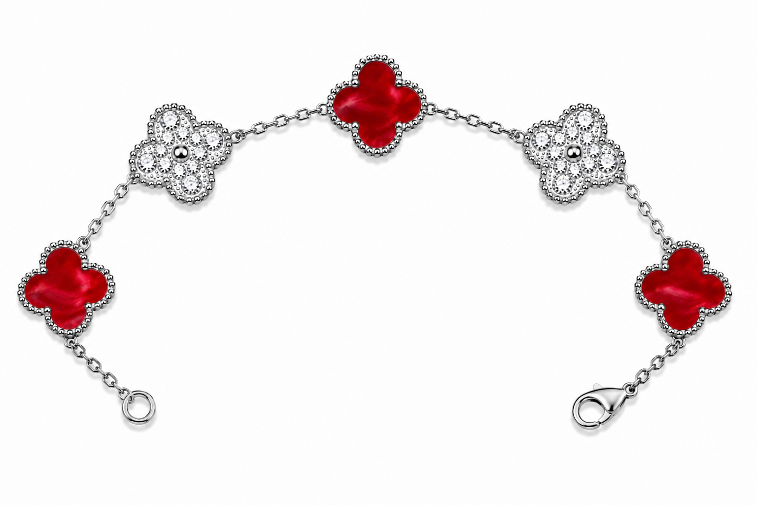 Pulsera Trébol 15 mm Mármol Rojo con Zirconias
