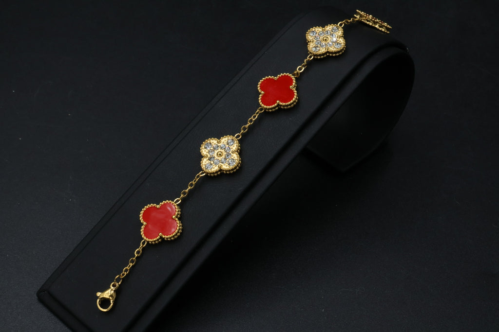 Pulsera Trébol 15 mm con Zirconias 3 en 1 Dorado - Rojo