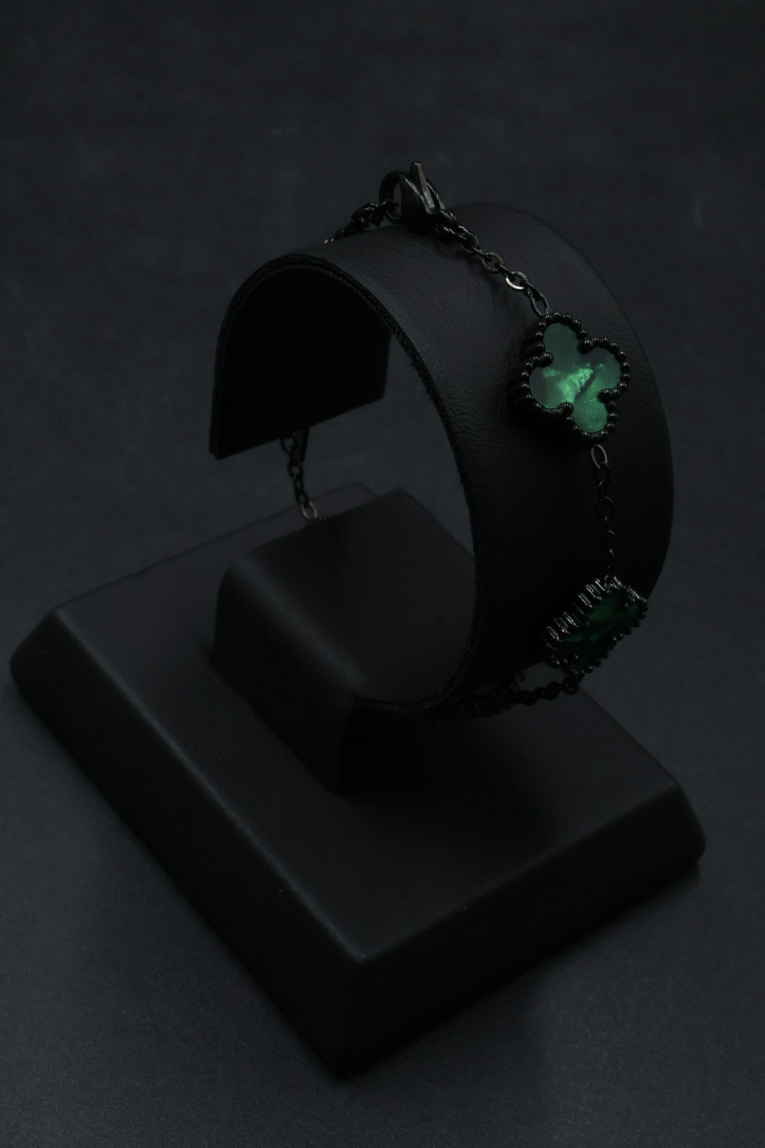 Pulsera Negra Trébol 13 mm Mármol - Verde.