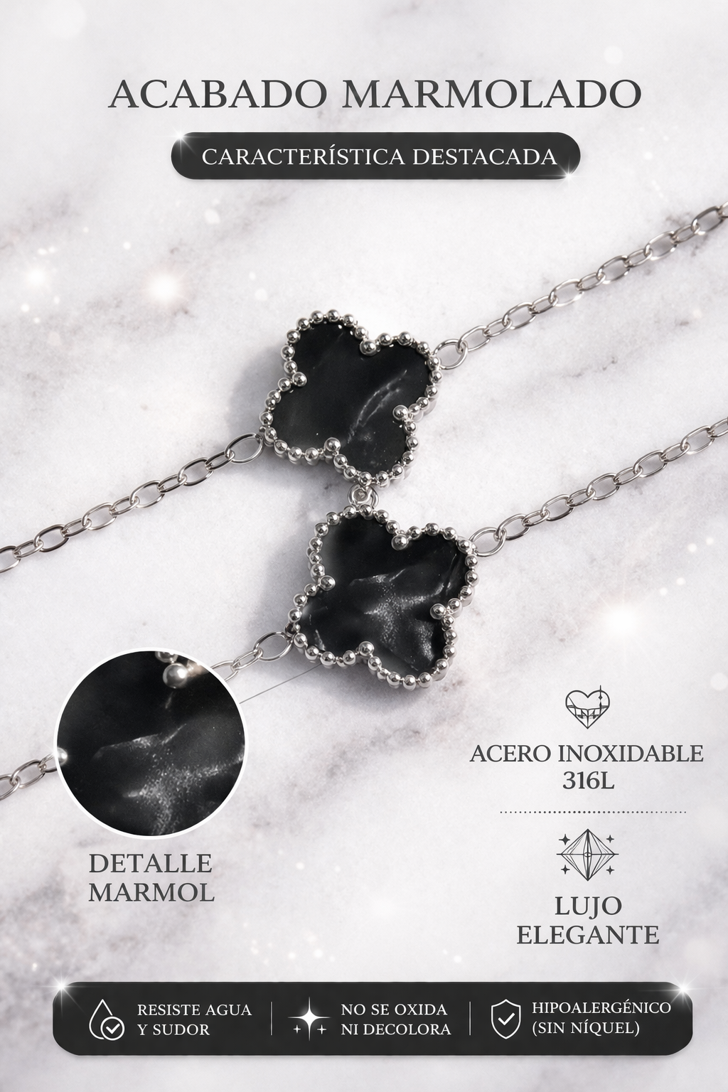 Collar Trébol 13 mm Negro Marmolado. - Plateado. 