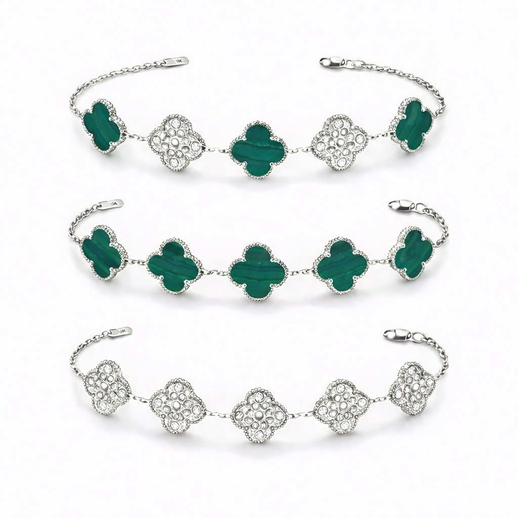 Pulsera Trébol 15 mm con Zirconias 3 en 1 Plateado - Verde