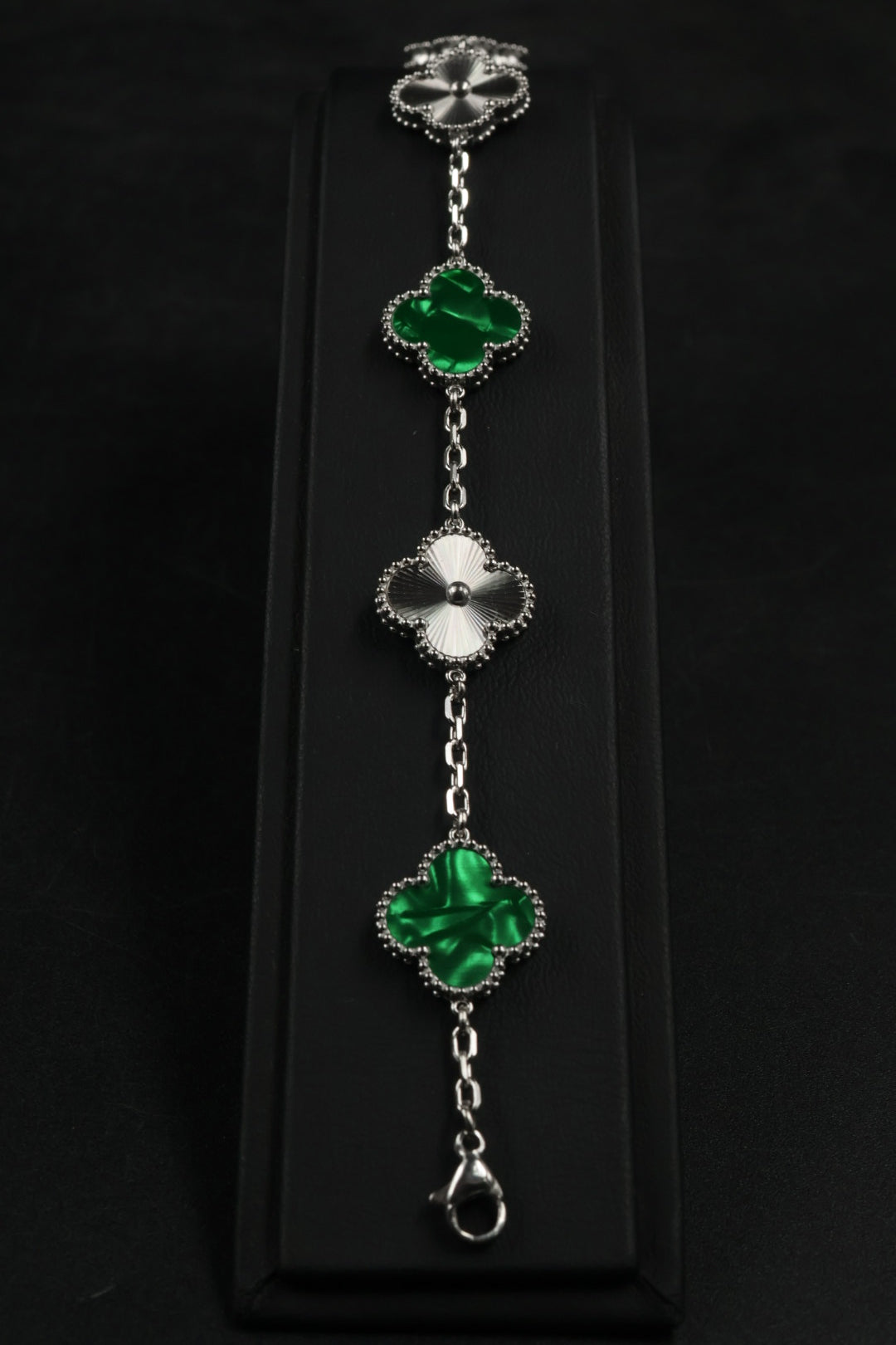 Pulsera Trébol Verde Mármol- Láser Plateado.