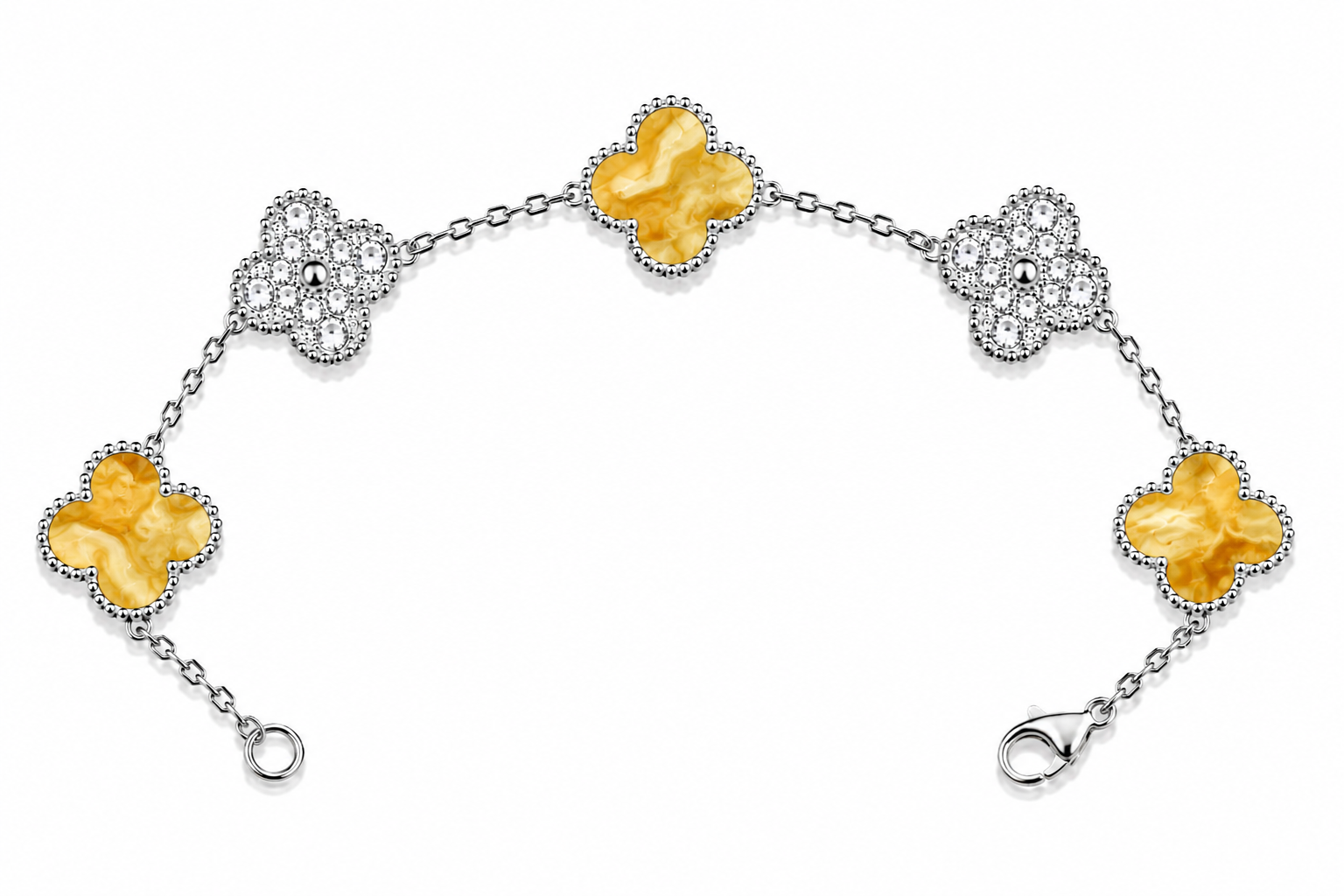 Pulsera Trébol 15 mm Mármol Amarillo con Zirconias