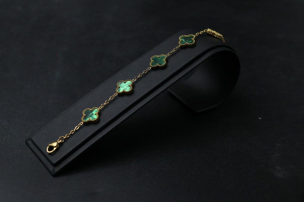 Pulsera Dorada Trébol 13 mm Mármol - Verde.