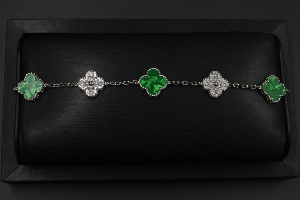 Pulsera Trébol 15 mm Mármol Verde con Zirconias