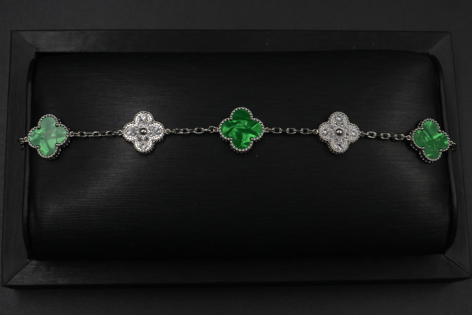 Pulsera Trébol 15 mm Mármol Verde con Zirconias