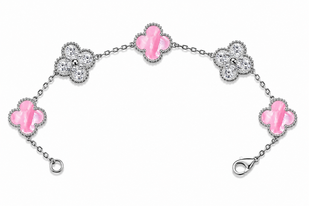 Pulsera Trébol 15 mm Mármol Rosa con Zirconias
