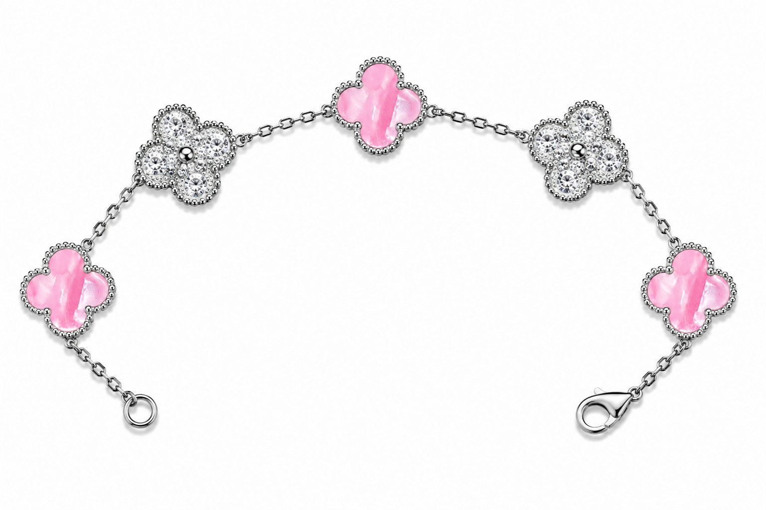 Pulsera Trébol 15 mm Mármol Rosa con Zirconias