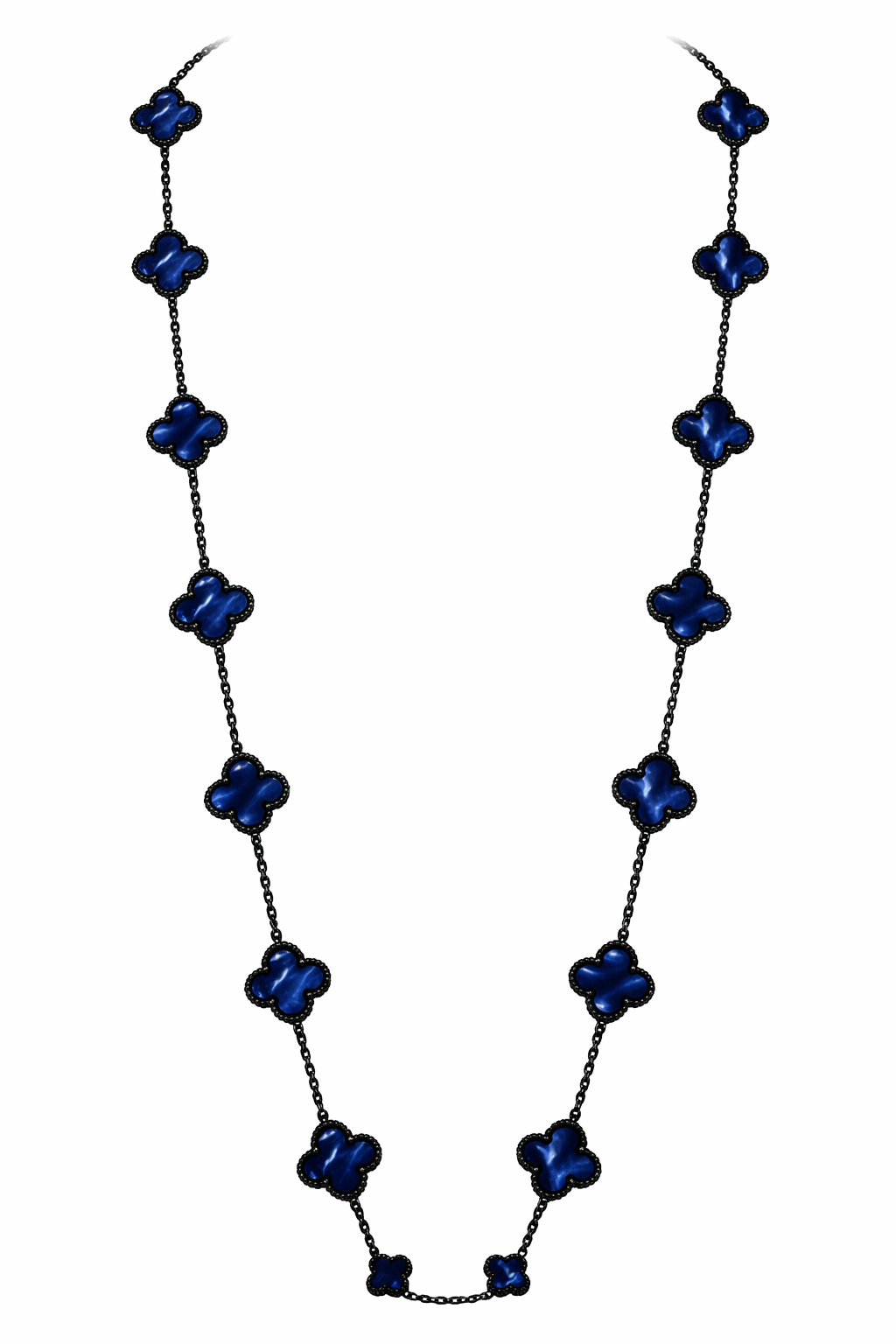 Collar Largo Trébol 13 mm Azul Marmolado. - Negro.