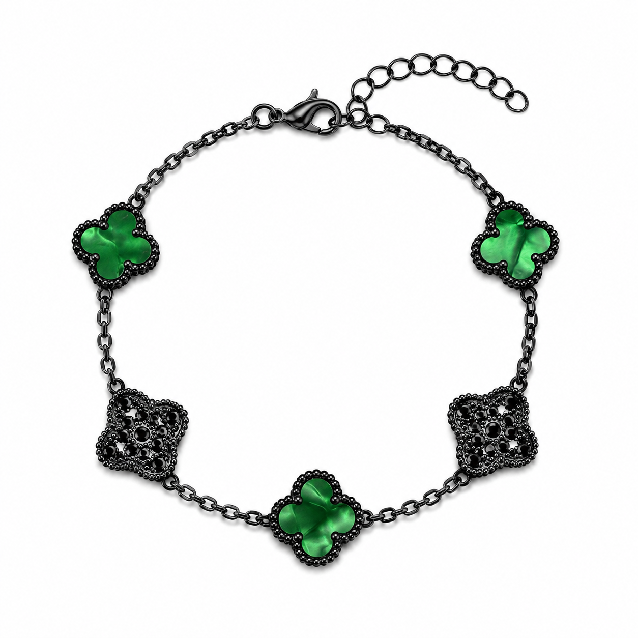 Pulsera Trébol Verde Mármol- Zirconias Negras.