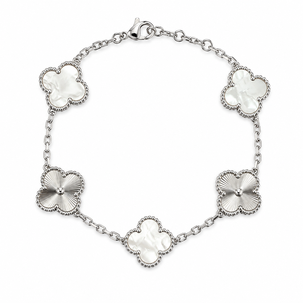 Pulsera Trébol Blanco Nácar - Láser Plateado.