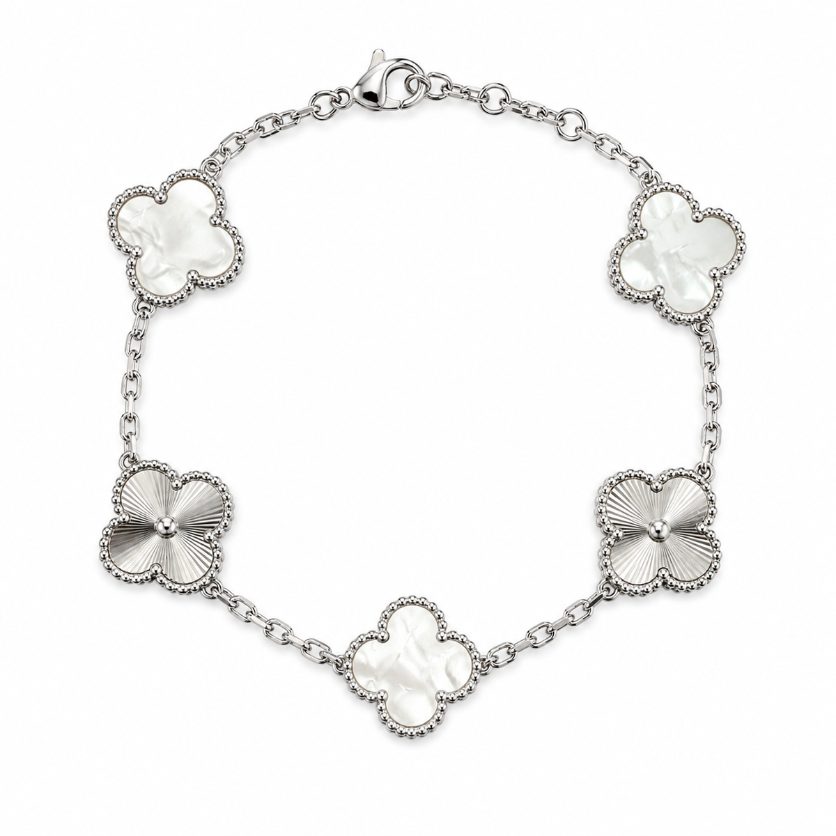 Pulsera Trébol Blanco Nácar - Láser Plateado.