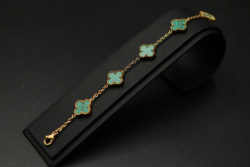 Pulsera Trébol 13 mm Liso Dorado - Verde.