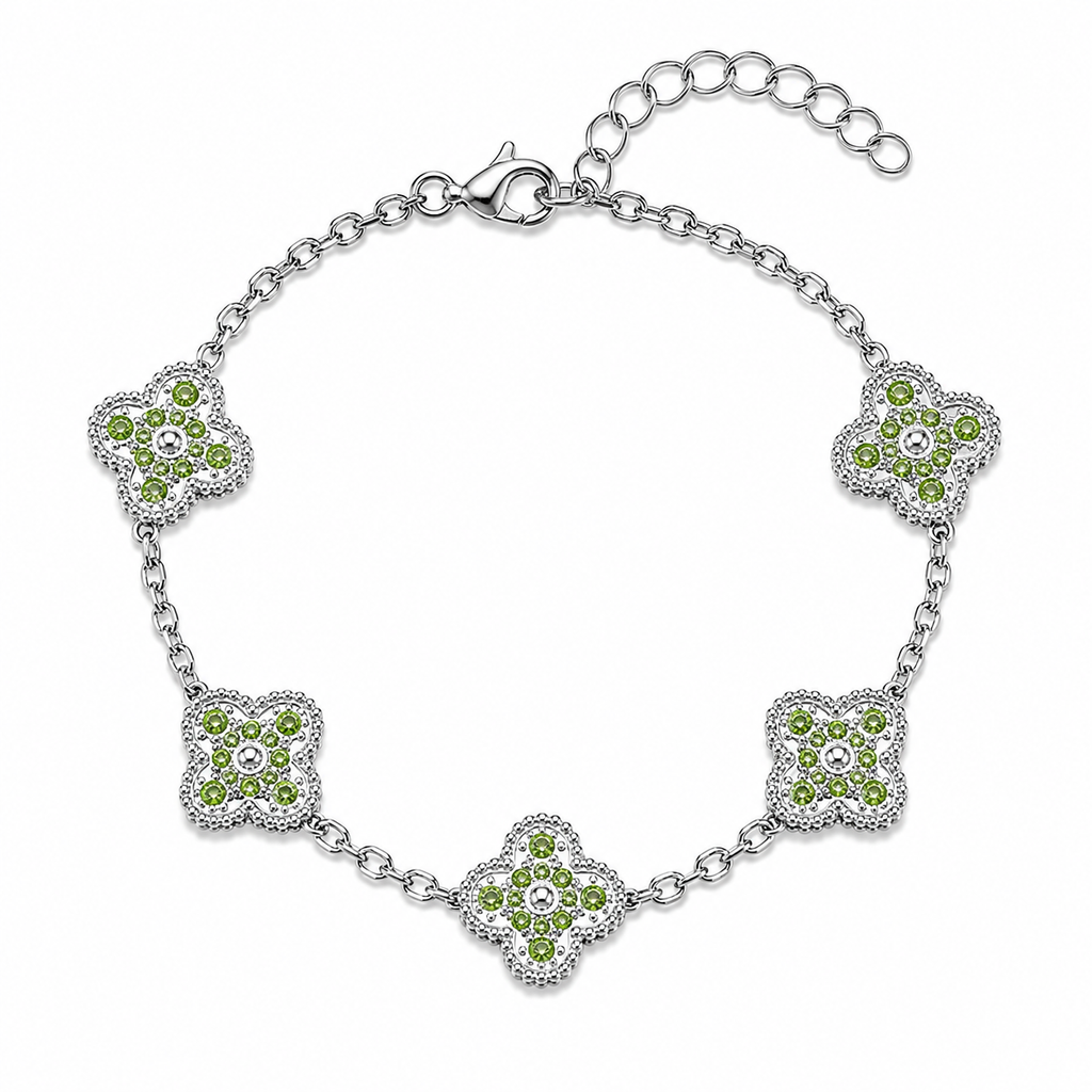 Pulsera Trébol Plateado - Zirconias Verdes.