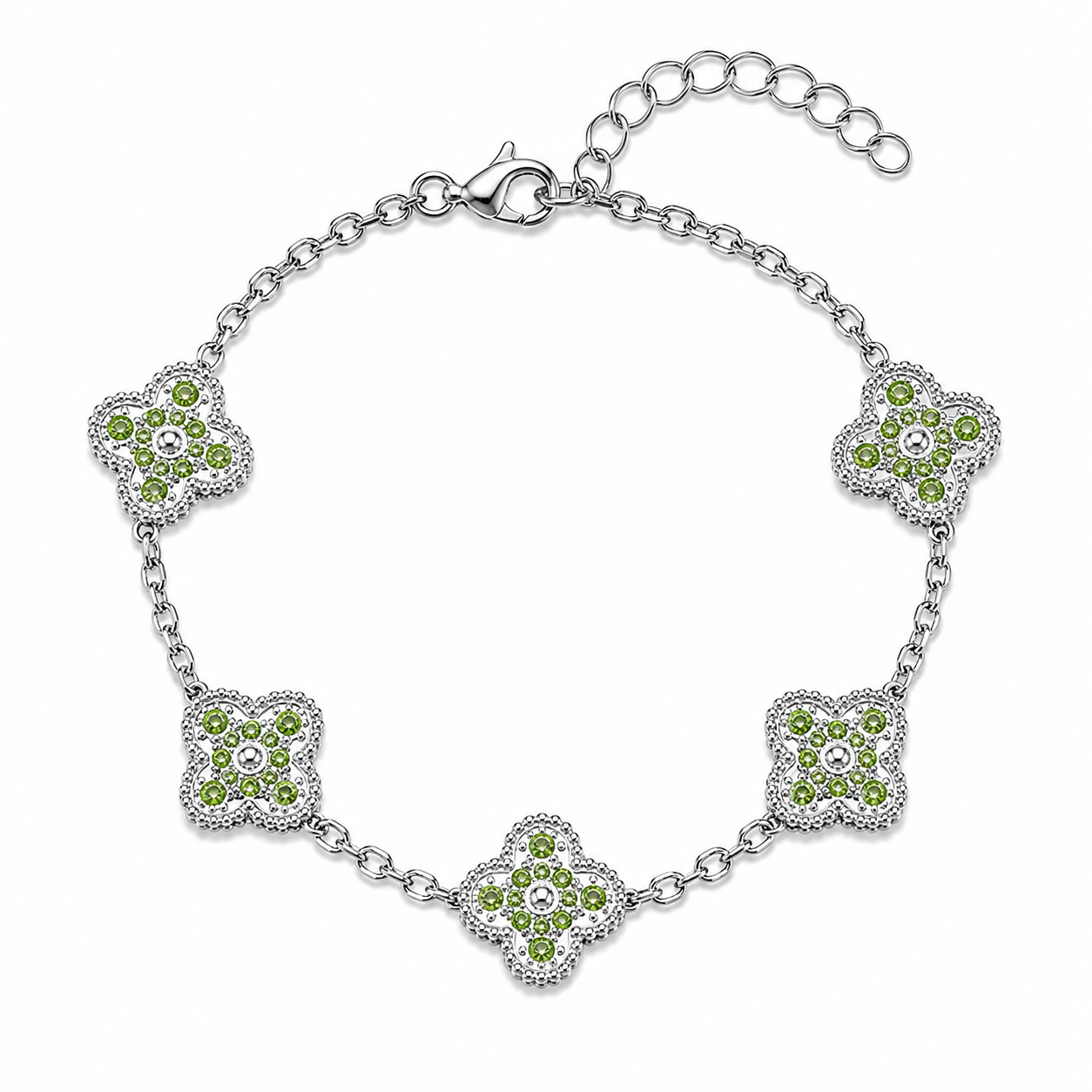 Pulsera Trébol Plateado - Zirconias Verdes.