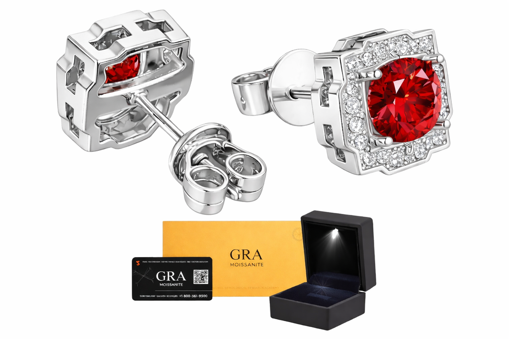 Aretes Hexagonal Plata .925 - Moissanita Red 0.5 ct.