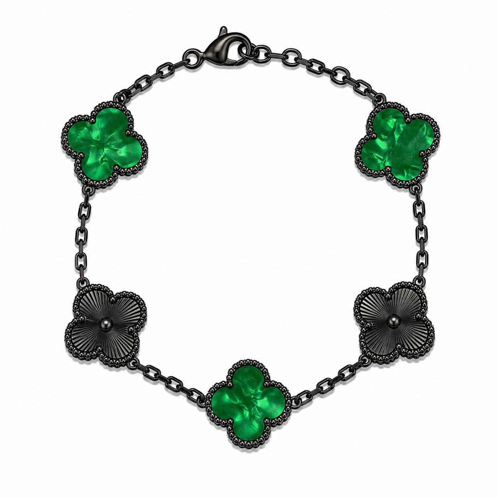 Pulsera Trébol Verde Mármol- Láser Negro.