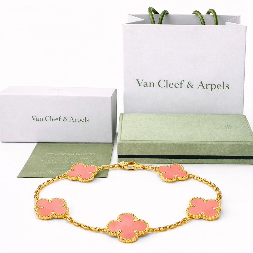 Pulsera VCA Plata .925 1:1 Vintage Alhambra, 5 Motivos Rosa Coral - Gold.