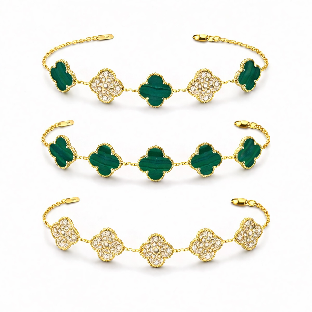 Pulsera Trébol 15 mm con Zirconias 3 en 1 Dorado - Verde