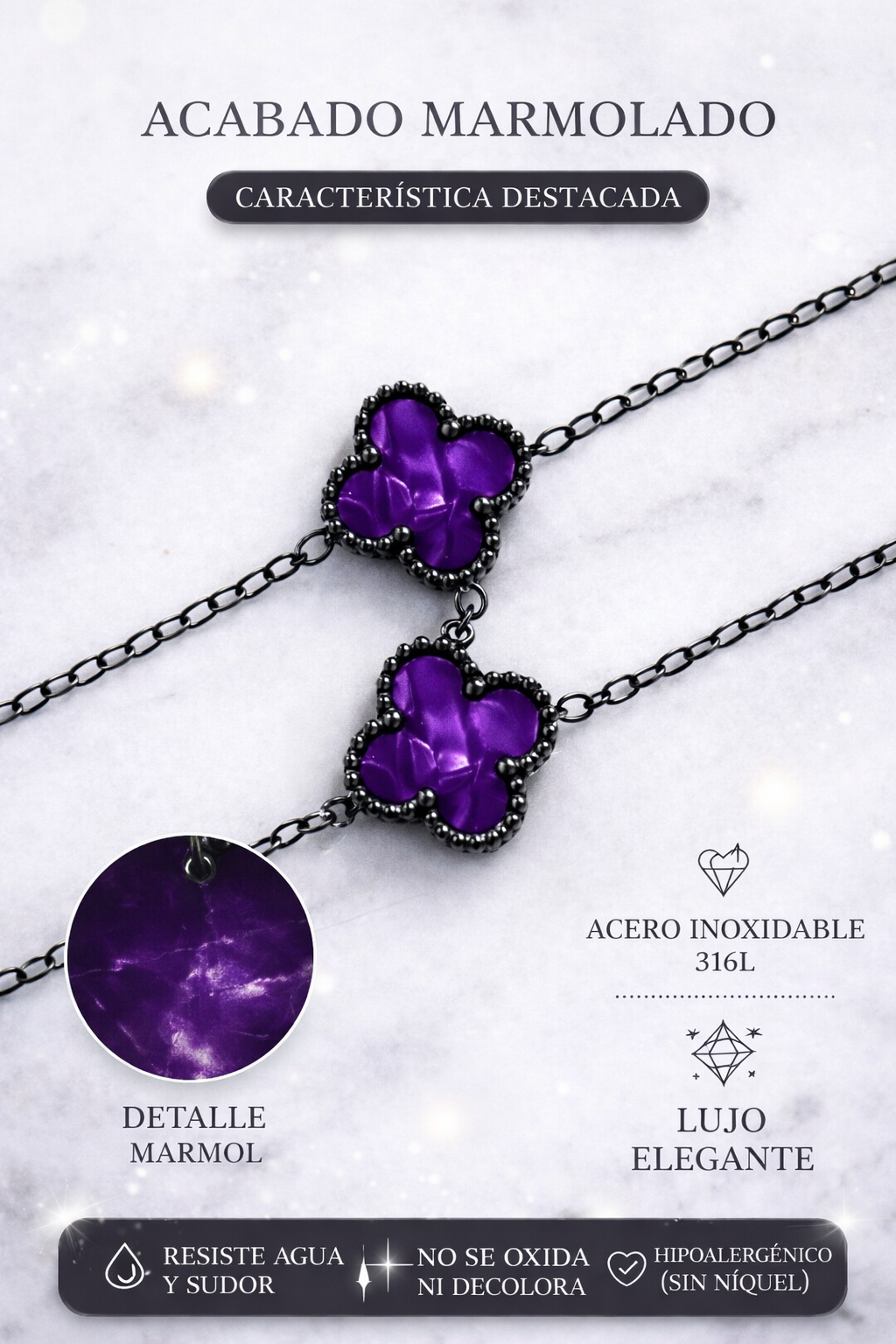 Collar Trébol 13 mm Morado Marmolado. - Negro.