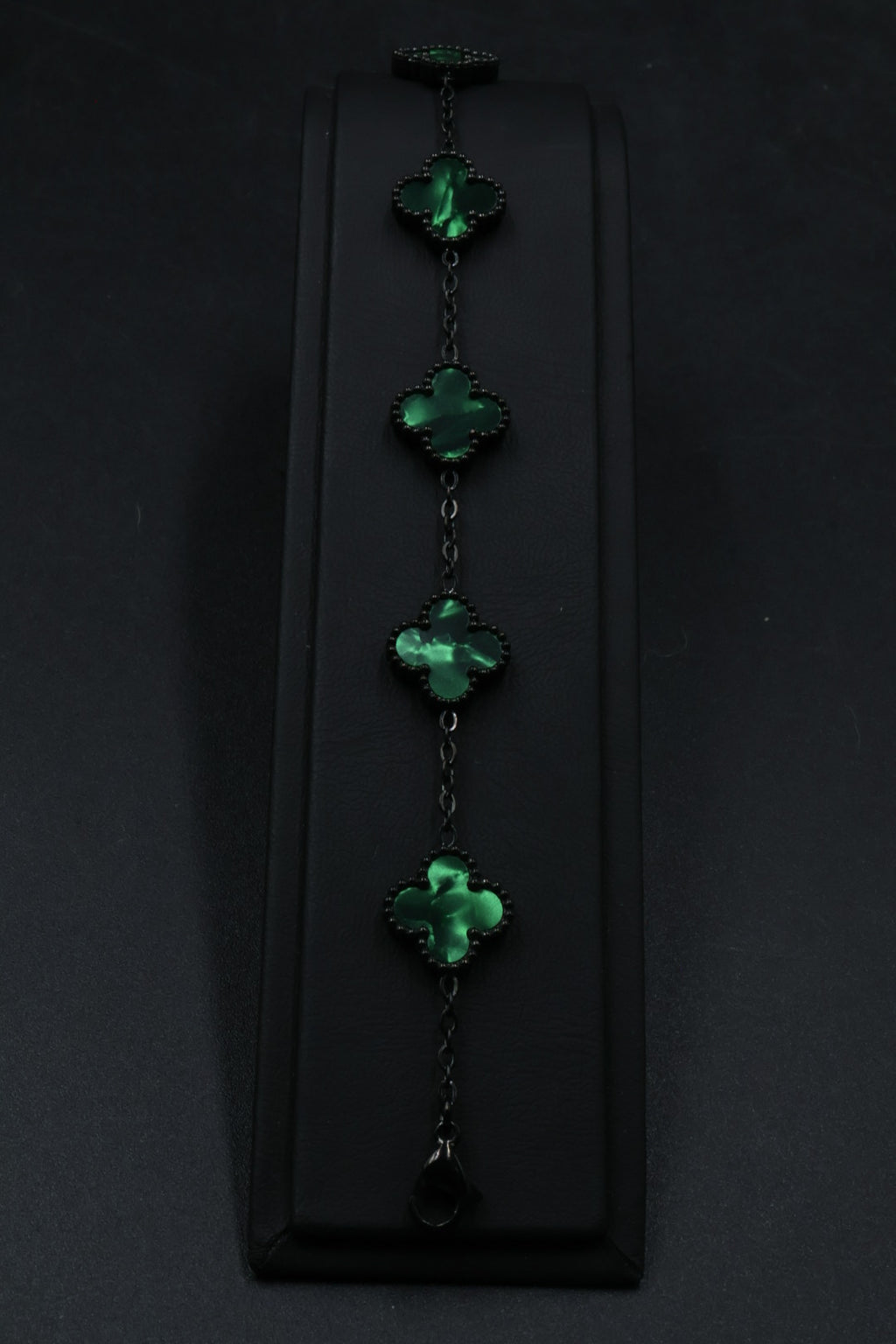 Pulsera Negra Trébol 13 mm Mármol - Verde.