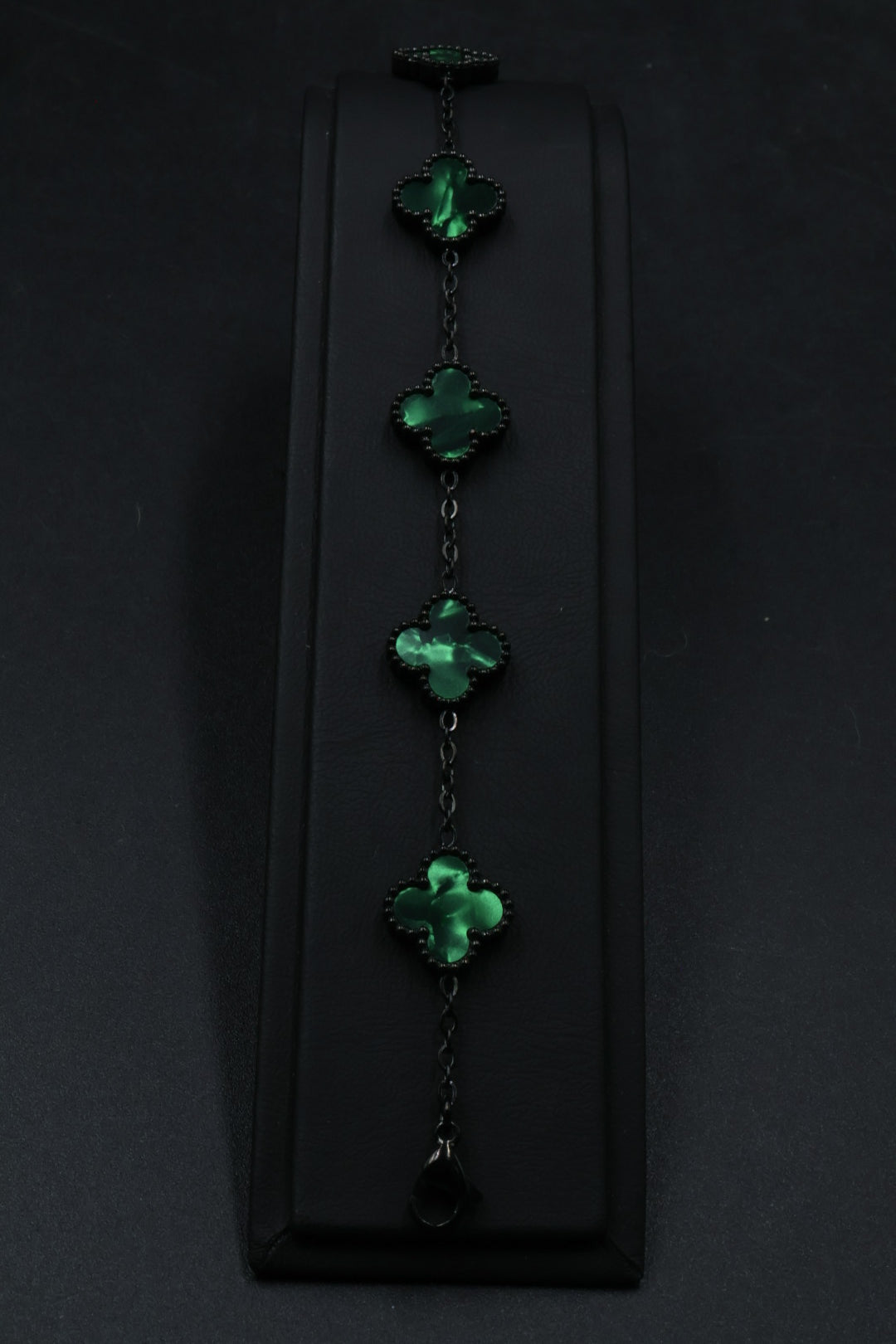 Pulsera Negra Trébol 13 mm Mármol - Verde.
