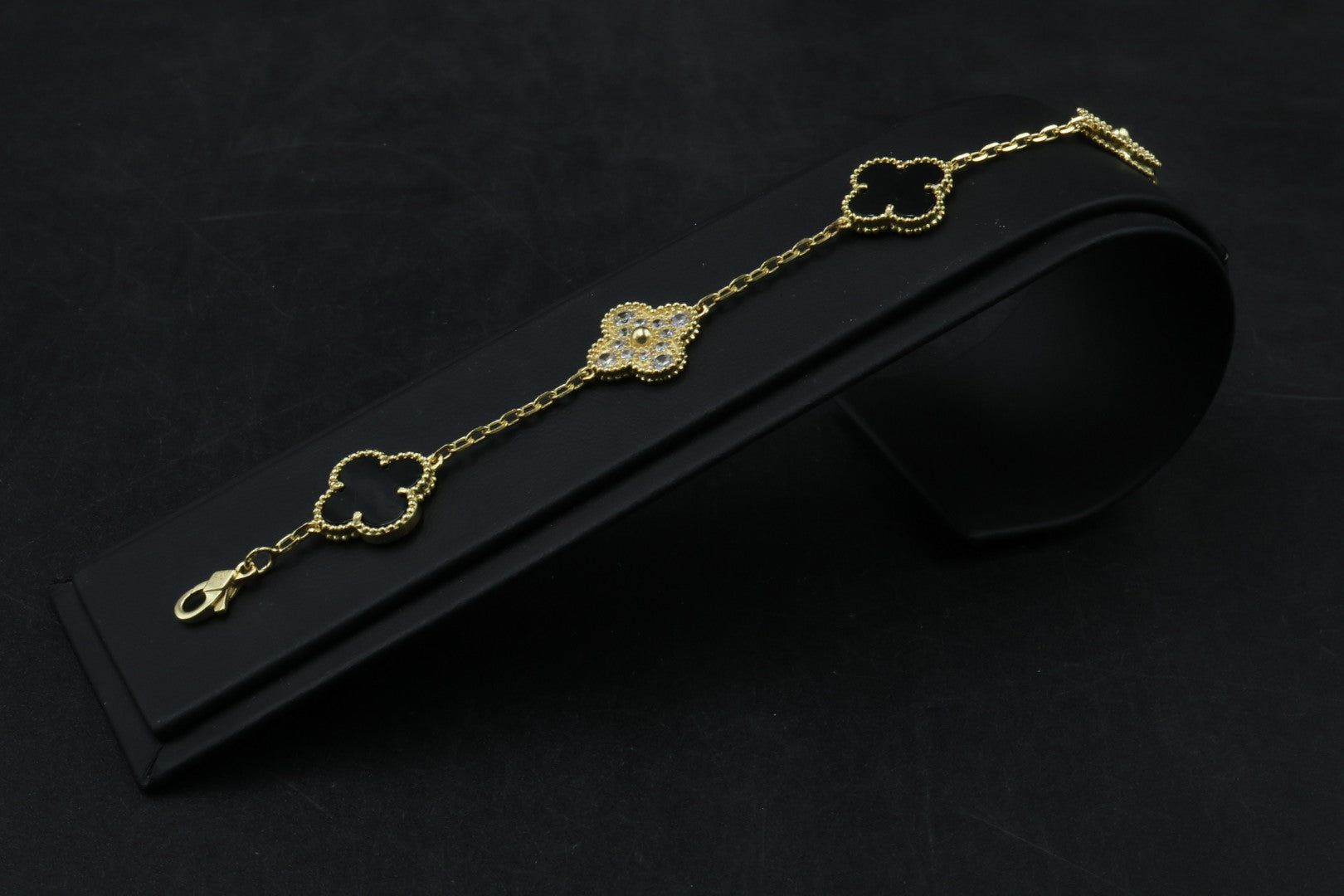 Pulsera VCA Plata .925 1:1 Vintage Alhambra, 5 Onyx - Diamonds / Gold