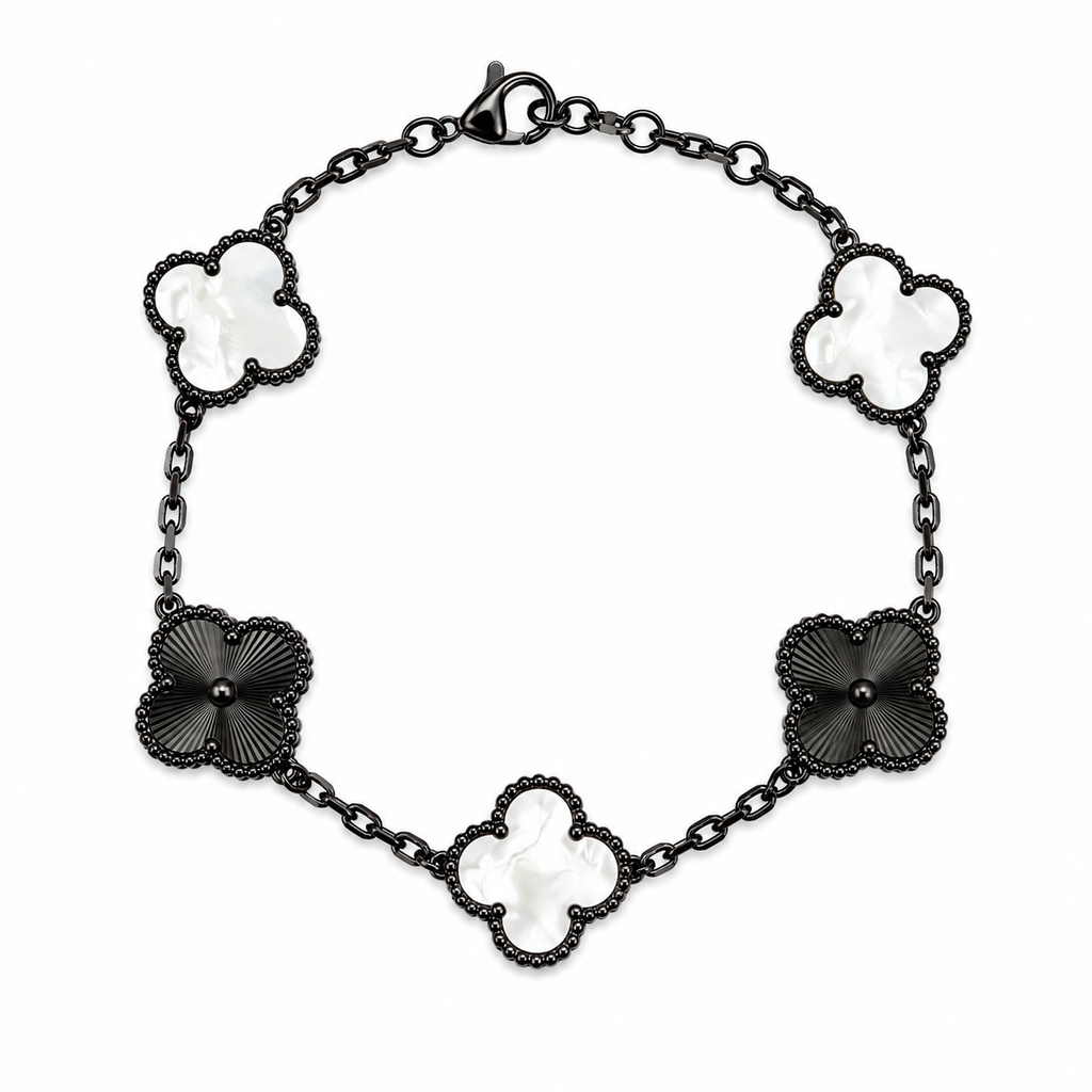 Pulsera Trébol Blanco Nácar - Láser Negro.