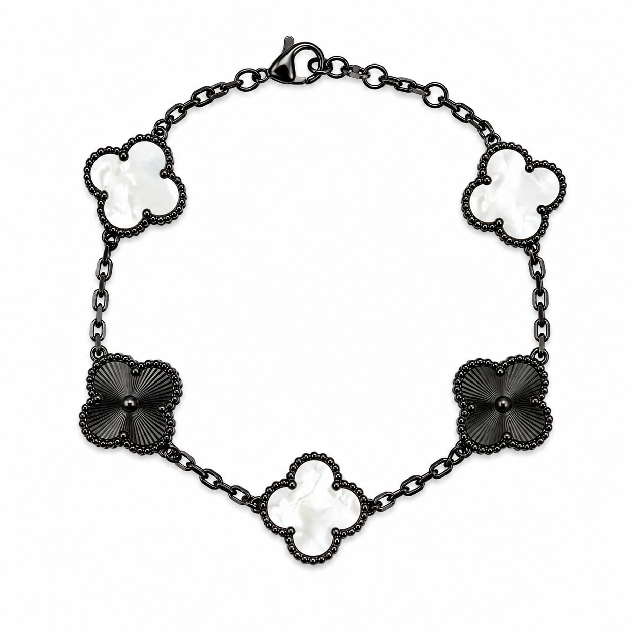 Pulsera Trébol Blanco Nácar - Láser Negro.