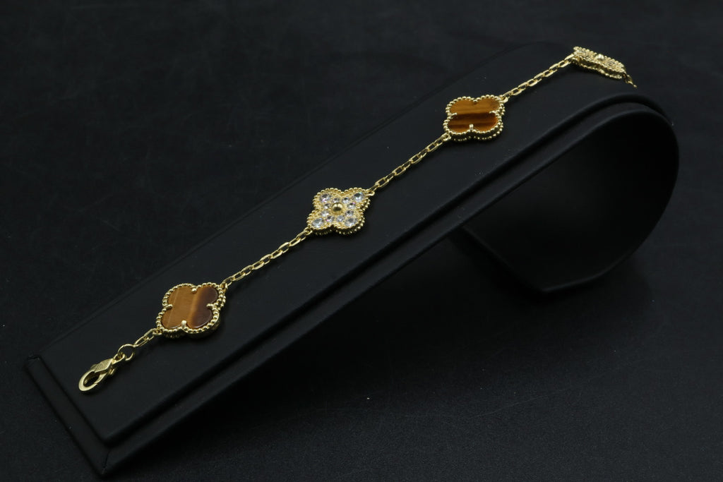 Pulsera VCA Plata .925 1:1 Vintage Alhambra, 5 Ojo de Tigre - Diamonds / Gold