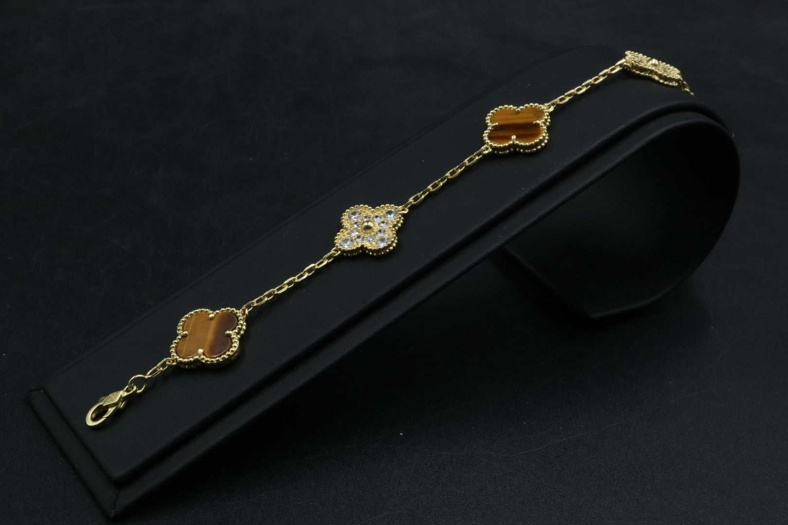 Pulsera VCA Plata .925 1:1 Vintage Alhambra, 5 Ojo de Tigre - Diamonds / Gold