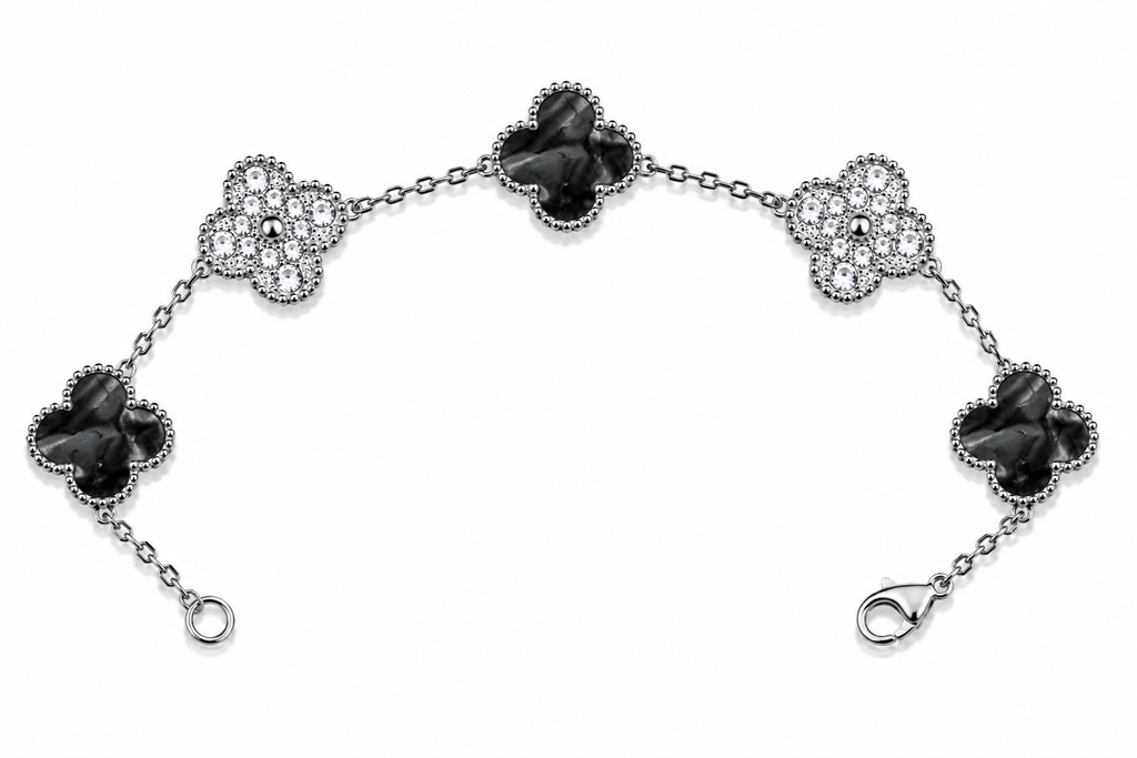 Pulsera Trébol 15 mm Mármol Negro con Zirconias