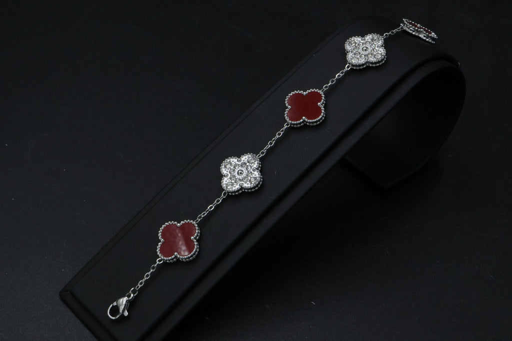 Pulsera Trébol con Zirconias 3 en 1 Plateado - Rojo