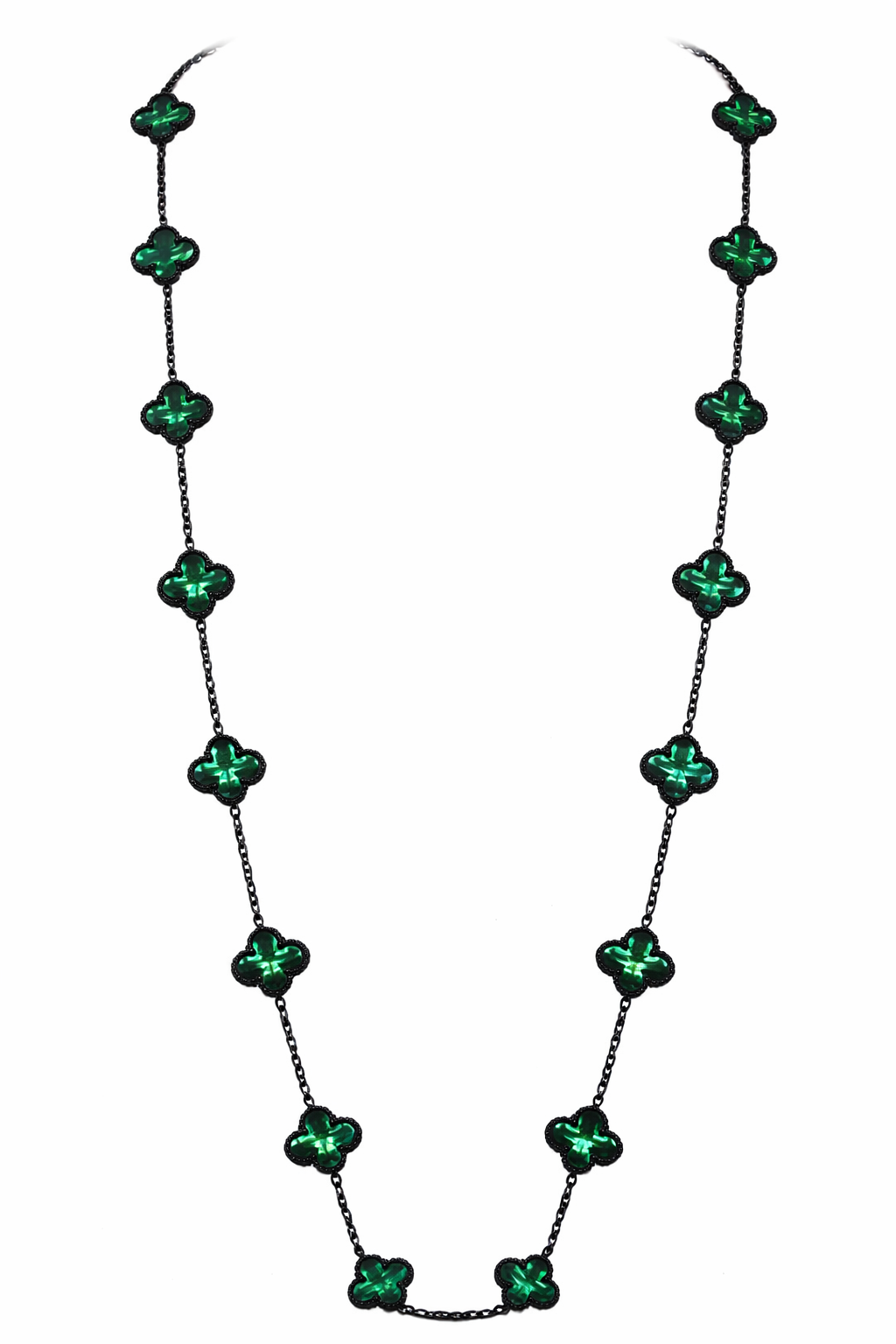 Collar Largo Trébol 13 mm Verde Marmolado. - Negro.